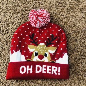 New Merry Christmas Beanie/ Hat/Cap One Size Unisex Adults Oh Deer Red‎ & White